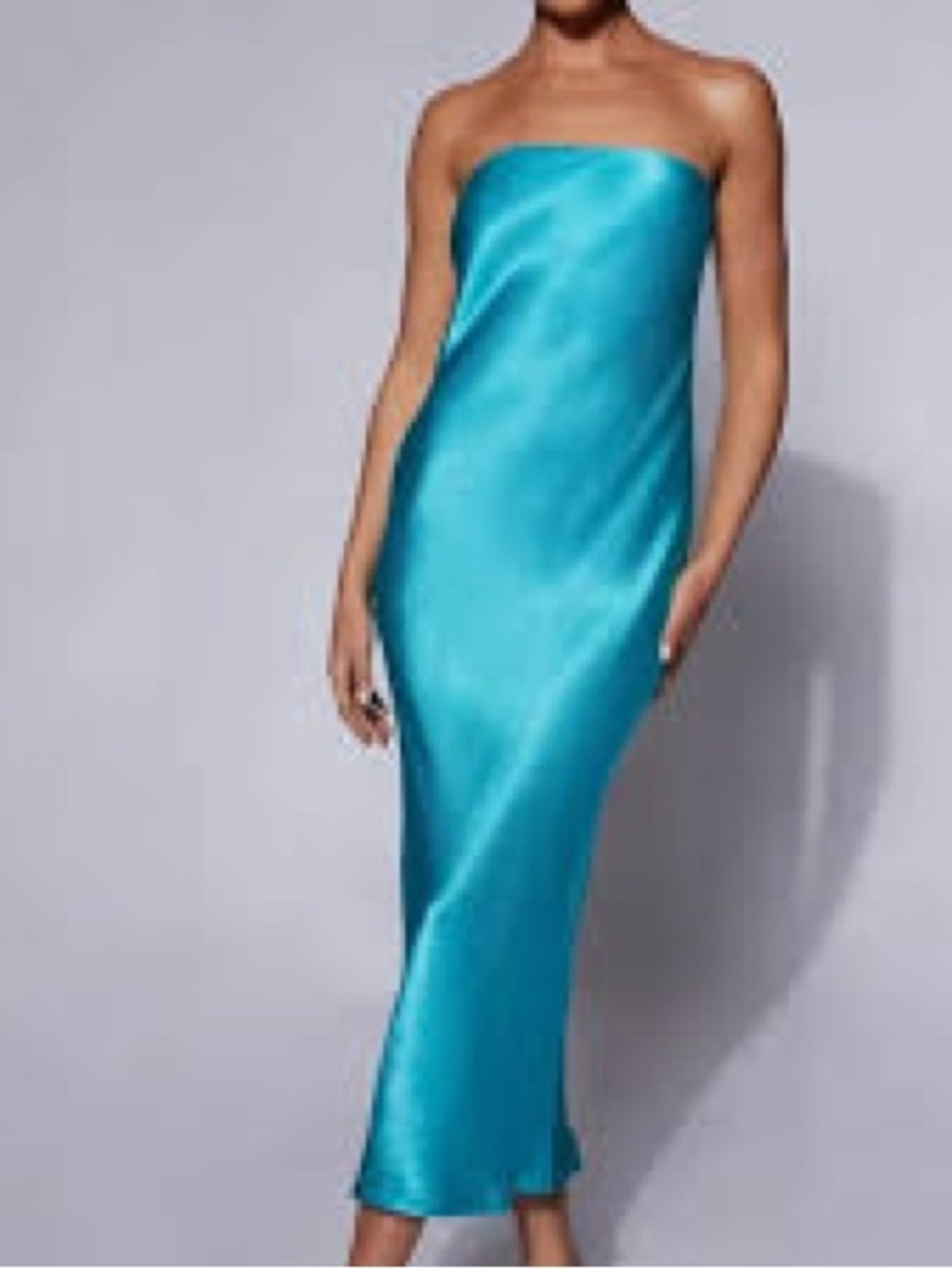 Meshki Strapless Satin Slip Dress in Teal Blue